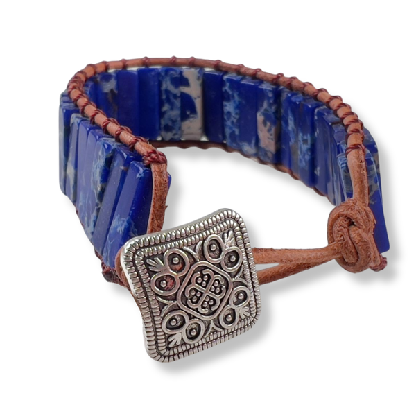Pulsera Jaspe Azul Tejida en Cuero