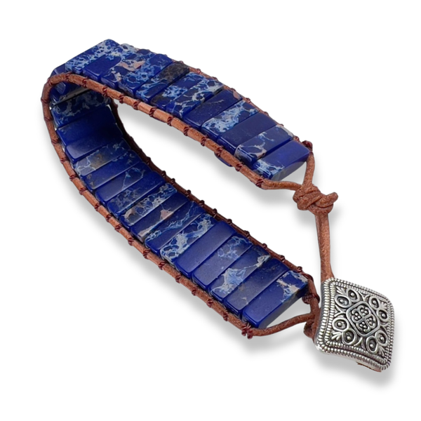 Pulsera Jaspe Azul Tejida en Cuero