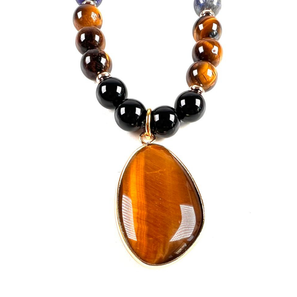 Collar Ónix y Lapislázuli con Dije Ojo de Tigre