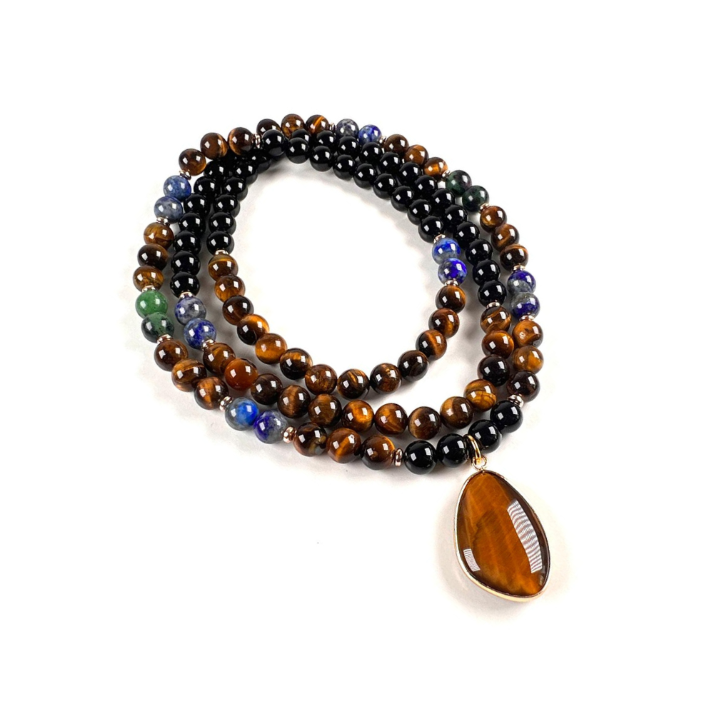 Collar Ónix y Lapislázuli con Dije Ojo de Tigre