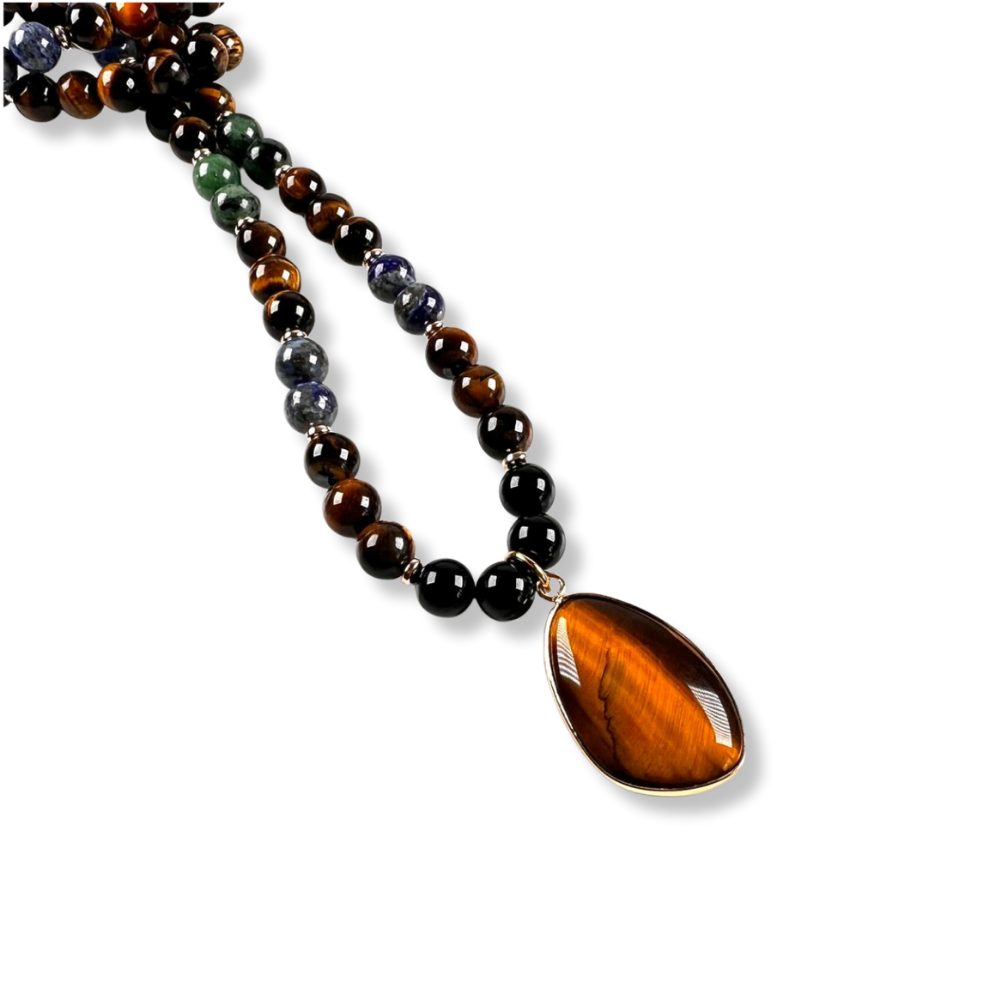 Collar Ónix y Lapislázuli con Dije Ojo de Tigre