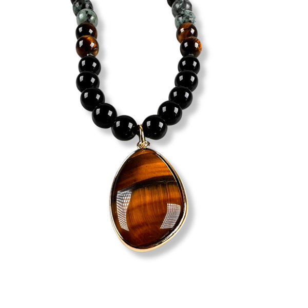 Collar Ónix y Turquesa Africana con Dije Ojo de Tigre