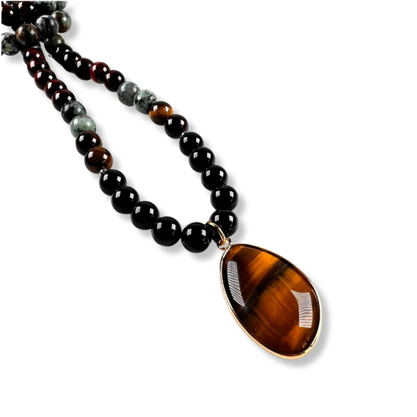 Collar Ónix y Turquesa Africana con Dije Ojo de Tigre