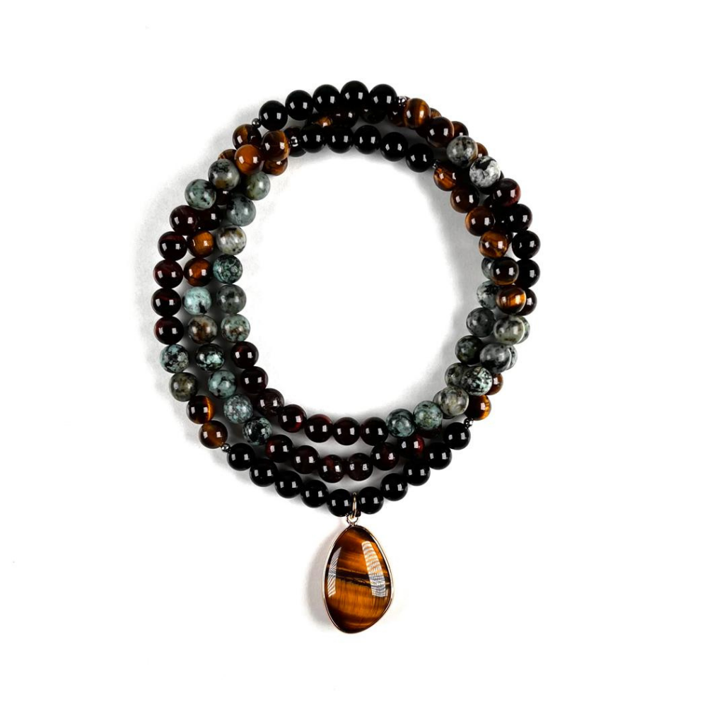 Collar Ónix y Turquesa Africana con Dije Ojo de Tigre