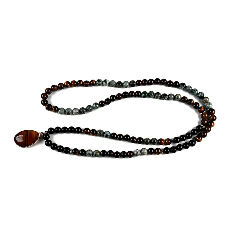 Collar Ónix y Turquesa Africana con Dije Ojo de Tigre