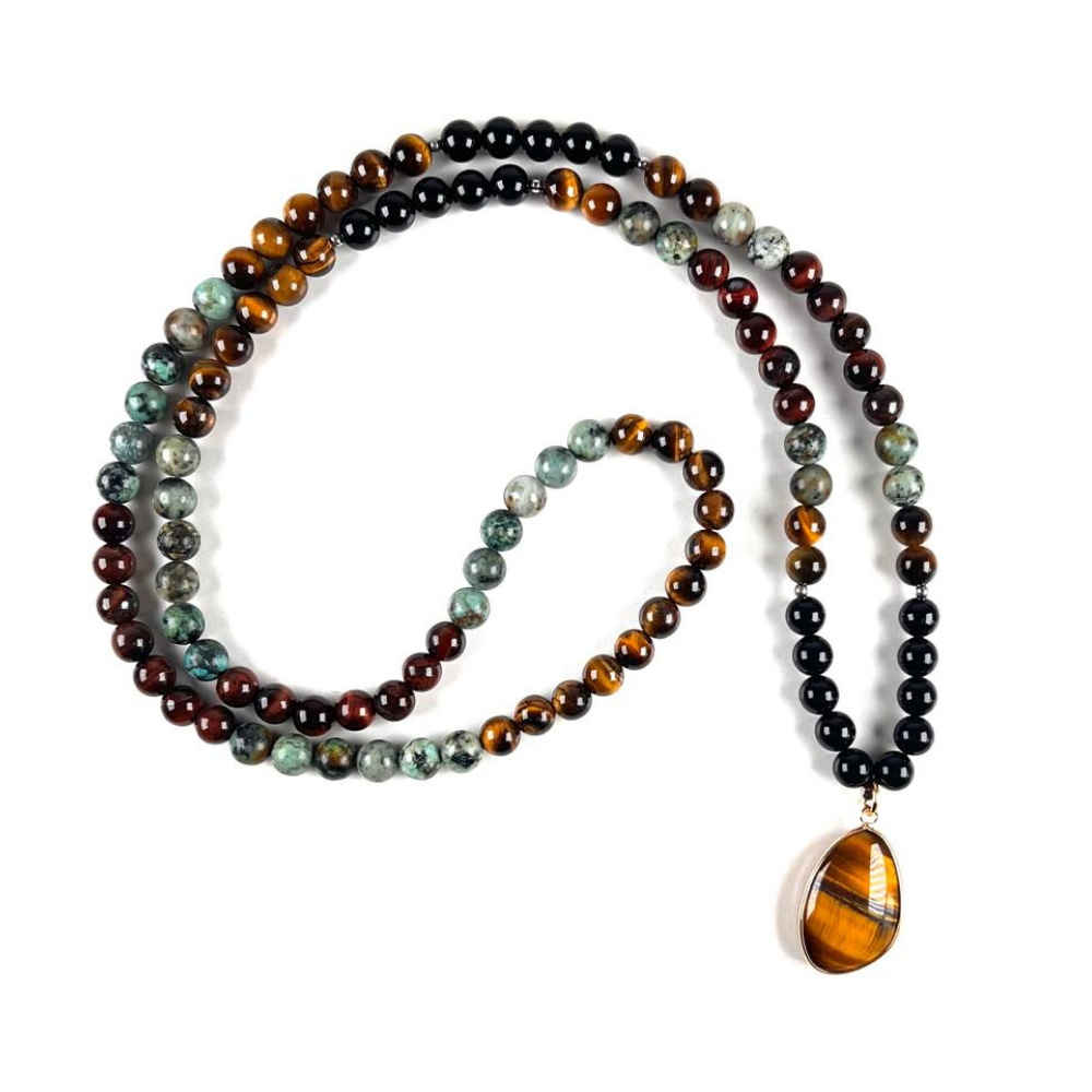 Collar Ónix y Turquesa Africana con Dije Ojo de Tigre