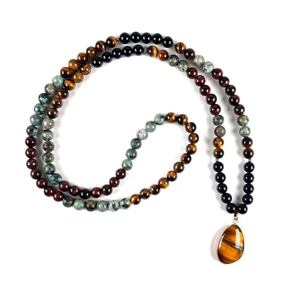 Collar Ónix y Turquesa Africana con Dije Ojo de Tigre