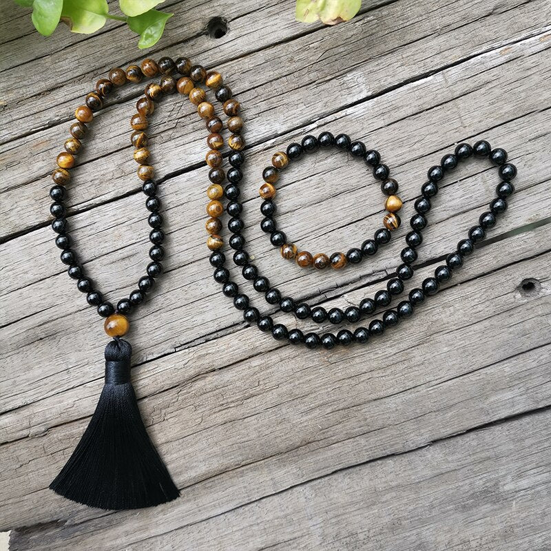 Conjunto Japa Mala Ónix Negro y Ojo de Tigre