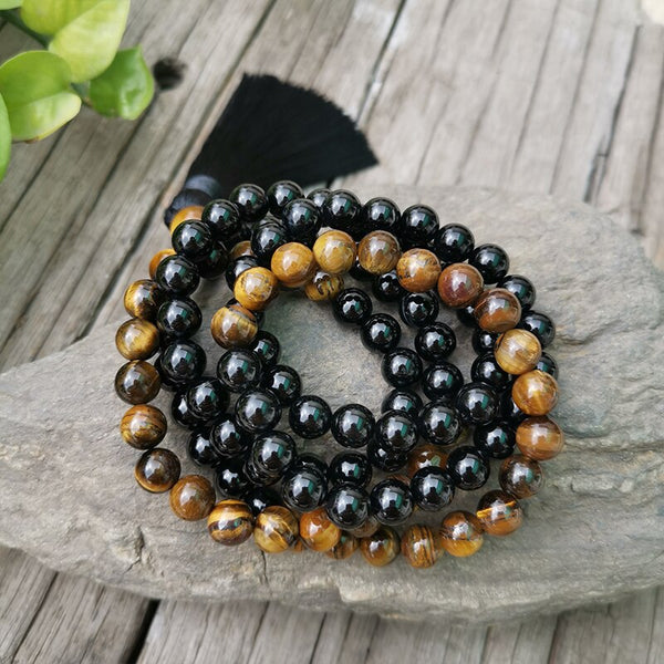 Conjunto Japa Mala Ónix Negro y Ojo de Tigre
