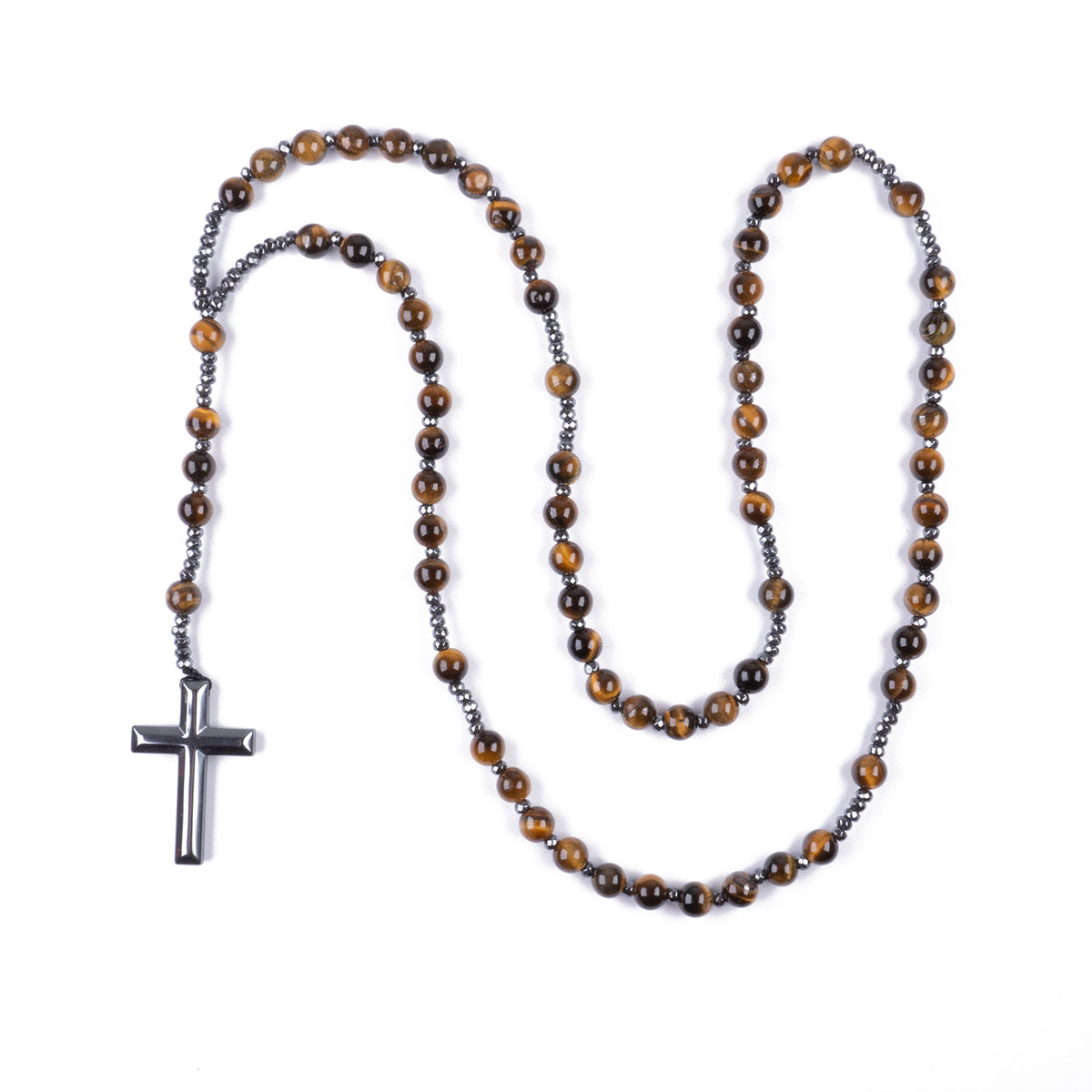 Collar Rosario con Cruz de Hematita y cuentas de 6mm