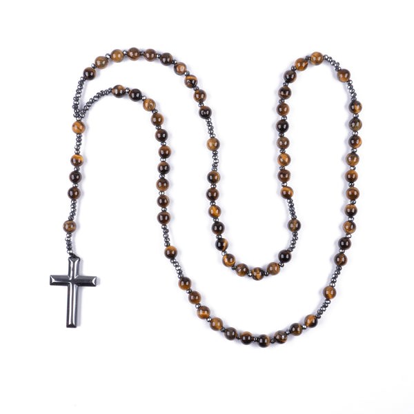 Collar Rosario con Cruz de Hematita y cuentas de 6mm