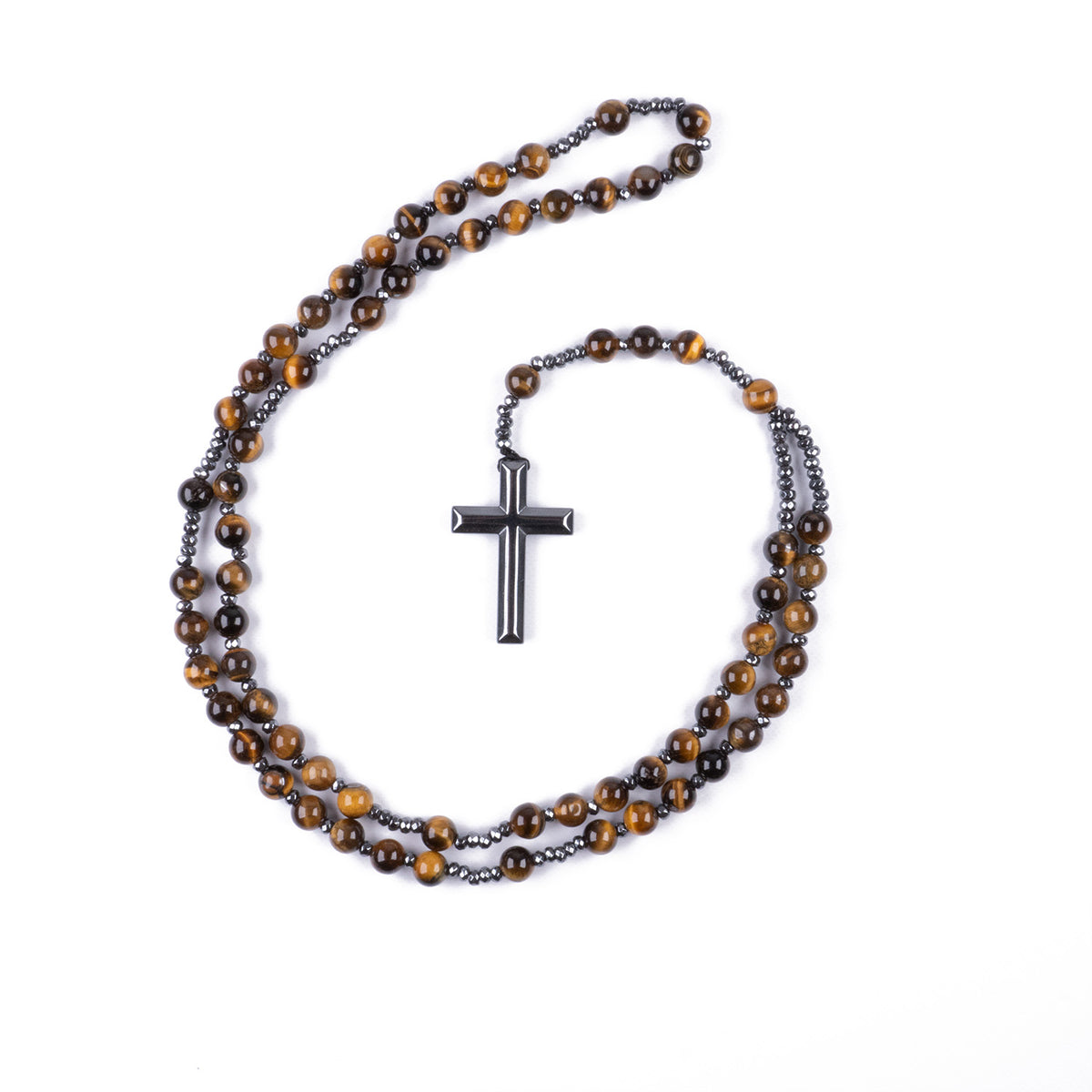Collar Rosario con Cruz de Hematita y cuentas de 6mm