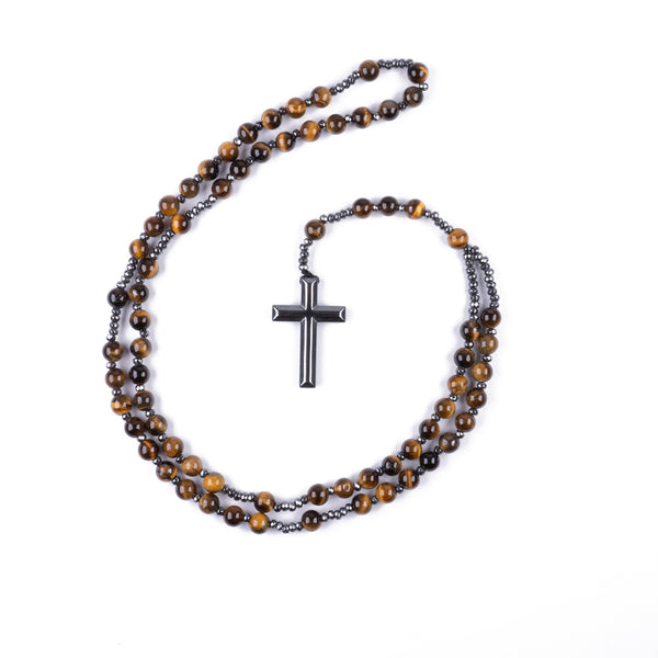 Collar Rosario con Cruz de Hematita y cuentas de 6mm
