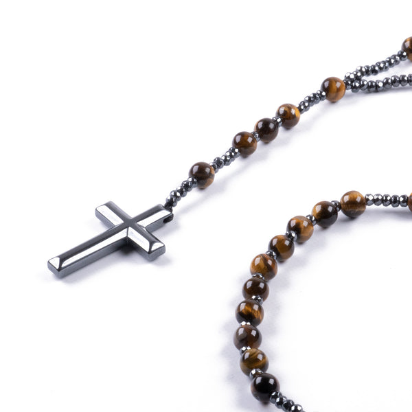 Collar Rosario con Cruz de Hematita y cuentas de 6mm
