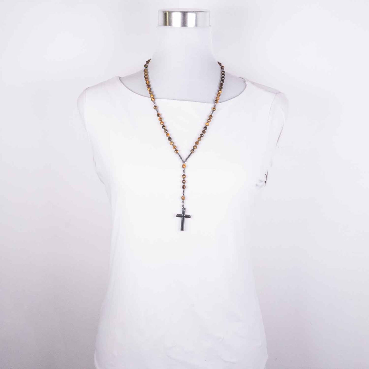 Collar Rosario con Cruz de Hematita y cuentas de 6mm