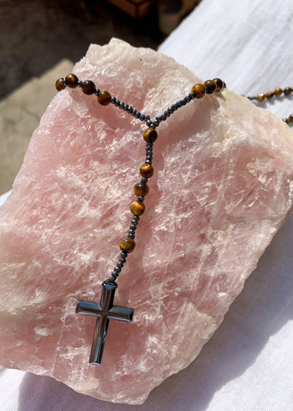 Collar Rosario con Cruz de Hematita y cuentas de 6mm