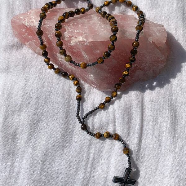 Collar Rosario con Cruz de Hematita y cuentas de 6mm