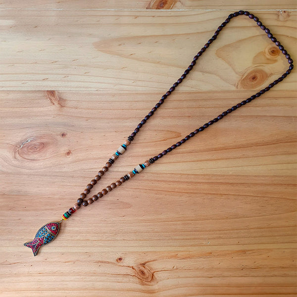 Collar Nepalí de Madera - Pez de la plenitud