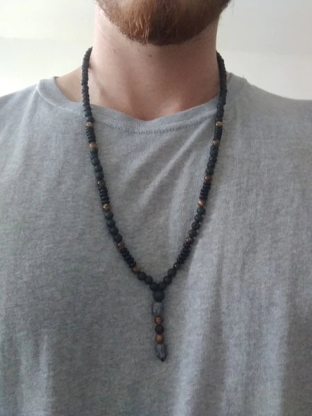 Collar Cabeza de Buda con Ojo de Tigre y Piedra Volcánica