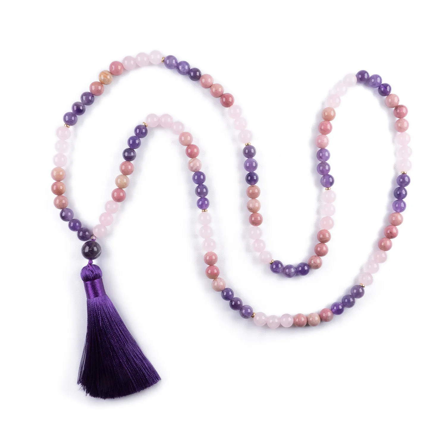 Collar de intención de cuarzo rosa, amatista y rodonita con borla púrpura